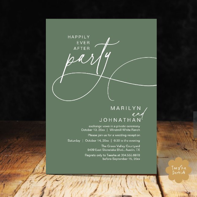 Convite Felicidade Eterna Depois de um Casamento Moderno e (Happily Ever After Modern Elegant Romantic Wedding Reception Dinner Invitation Card in Sage Green)