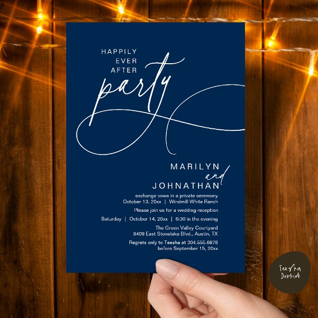 Convite Felicidade Eterna Depois de um Casamento Moderno e (Happily Ever After Modern Elegant Romantic Wedding Reception Dinner Invitation Card in Navy Blue)