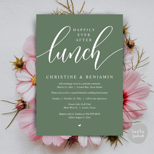 Convite Felicidade Eterna Depois Do Almoço, Fuga, Roteiro  (Happily Ever After Lunch, Elopement Card, PDF, Modern Wedding, in Greenery Sage Green Forest Summer)