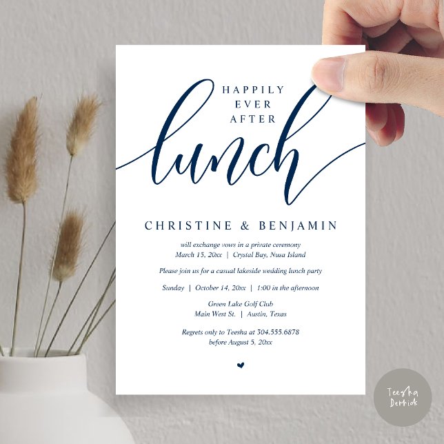 Convite Felicidade Eterna Depois do Almoço, Fuga, Roteiro  (Happily Ever After Lunch, Elopement Card, PDF, Modern Wedding, in Navy Blue)