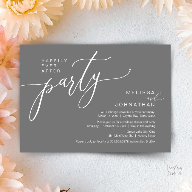 Convite Felicidade Eterna Depois do Casamento Fuga Jantar  (Happily Ever After Wedding Elopement Dinner Party Invitation card, in Dark Grey)