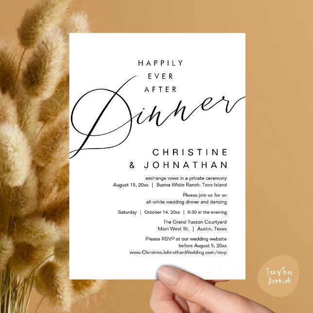 Convite Felicidade Eterna Depois do Jantar Casamento Român (Happily Ever After Dinner, Modern Romantic Wedding Invites Card, PDF, Minimalist Clean, White Black)