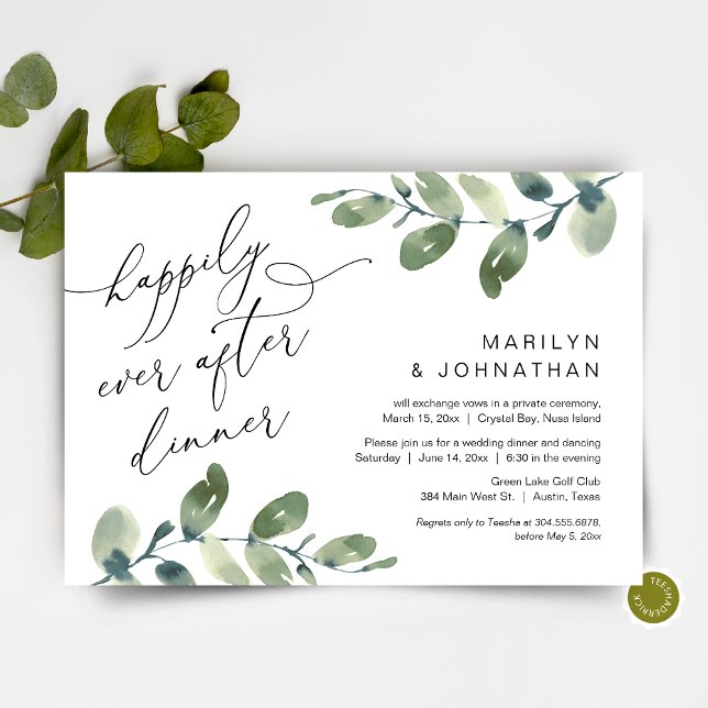 Convite Felicidade Eterna Depois do Jantar, Fuga, Folhagem (Happily Ever After Dinner, Elopement Party Invitation Card, Greenery Eucalyptus, Digital Download)