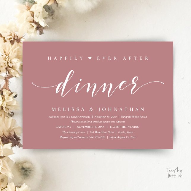 Convite Felicidade Eterna Depois do Jantar, Minimalista Mo (Happily Ever After Dinner, Modern Minimalist reception Invitation Card, dusty rose pink)