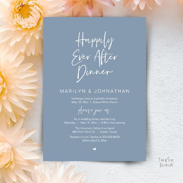 Convite Felicidade Eterna Depois do Jantar Recepção de Cas (Happily Ever After Dinner Modern Minimalist Wedding Reception Invitation Card in Dusty Blue)