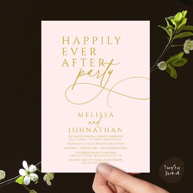 Convite Felicidade Eterna Festa de Casamento Moderna e Ele (Happily Ever After Modern Elegant Wedding Reception Party Invitation Card in blush and gold)