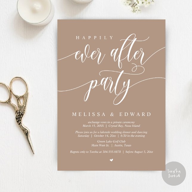 Convite Felicidade Eterna Festa de Elopamento, Bege Quente (Happily Ever After Elopement Party Invitation Card, PDF, Modern Wedding Dinner, in Warm Taupe)