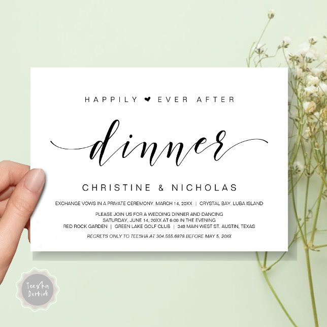 Convite Felicidade Eterna, Jantar de Casamento às Escuras (Happily Ever After Dinner Invitation Card, PDF, Modern Wedding Elopement, Heart, Black and White)