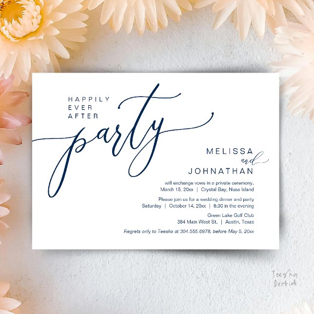 Convite Felicidade Eterna Jantar de Casamento e Fuga Român (Happily Ever After Wedding Elopement Dinner Party Invitation card, in Navy blue)