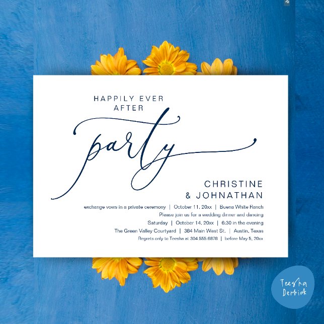 Convite Felicidade Eterna Jantar de Casamento Festa Dança (Happily Ever After Romantic Wedding Dinner Party Dancing Modern Clean Invites Card PDF Navy Blue)