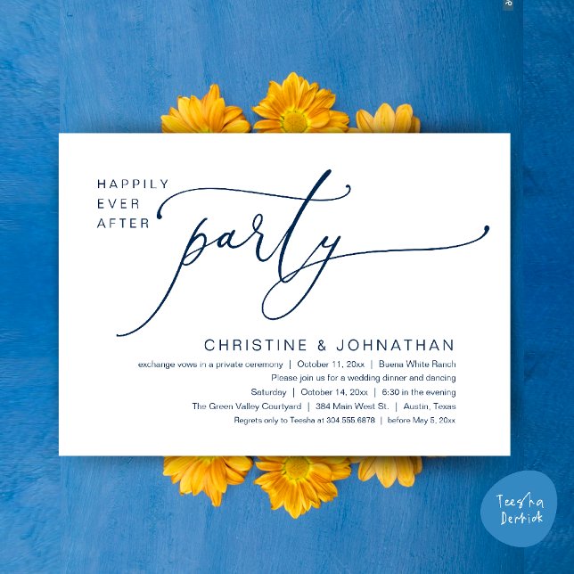 Convite Felicidade Eterna Jantar de Casamento Festa Dança (Happily Ever After Romantic Wedding Dinner Party Dancing Modern Clean Invites Card PDF Navy Blue)