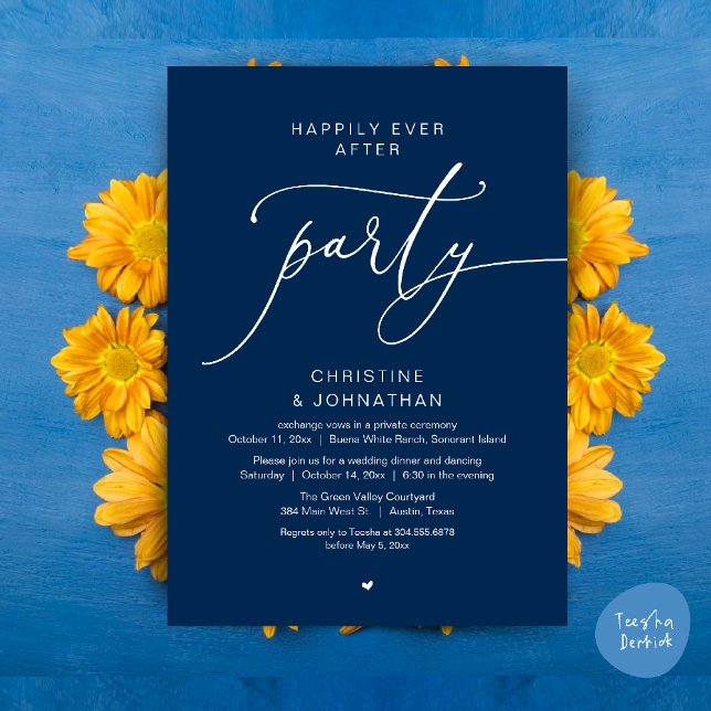 Convite Felicidade Eterna Jantar de Casamento Festa Dançan (Happily Ever After Romantic Wedding Dinner Party Dancing Modern Clean Invites Card PDF Navy Blue)