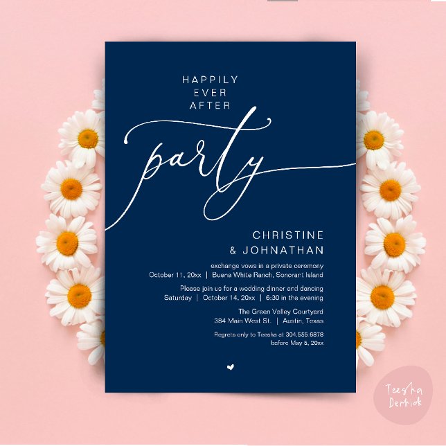 Convite Felicidade Eterna Jantar de Casamento Festa Dançan (Happily Ever After Romantic Wedding Dinner Party Dancing Modern Clean Invites Card PDF Navy Blue)