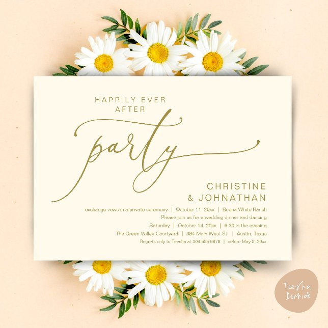 Convite Felicidade Eterna Jantar de Casamento Festa Dançan (Happily Ever After Romantic Wedding Dinner Party Dancing Modern Clean Invites Card PDF Yellow Gold)