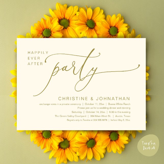 Convite Felicidade Eterna Jantar de Casamento Festa Dançan (Happily Ever After Romantic Wedding Dinner Party Dancing Modern Clean Invites Card PDF Yellow Gold)