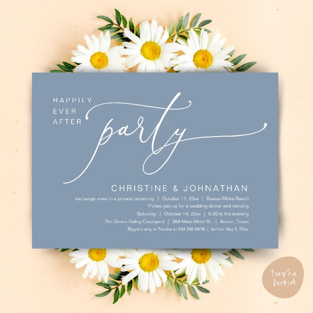 Convite Felicidade Eterna Jantar de Casamento Festa Dançan (Happily Ever After Romantic Wedding Dinner Party Dancing Modern Clean Invites Card PDF Dusty Blue)
