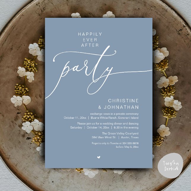 Convite Felicidade Eterna Jantar de Casamento Festa Dançan (Happily Ever After Romantic Wedding Dinner Party Dancing Modern Clean Invites Card PDF Dusty Blue)