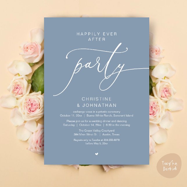 Convite Felicidade Eterna Jantar de Casamento Festa Dançan (Happily Ever After Romantic Wedding Dinner Party Dancing Modern Clean Invites Card PDF Dusty Blue)