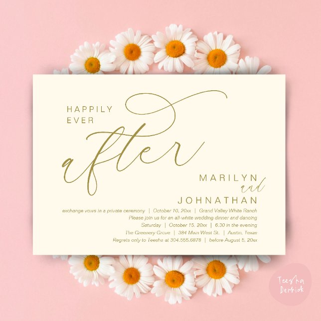 Convite Felicidade Eterna Jantar de Casamento Festa de Dan (Romantic Happily Ever After Wedding Dinner Party Lunch Brunch Invitation PDF Card Yellow Gold)