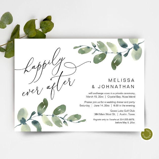 Convite Felicidade Eterna, Jantar de Casamento Fugitivo, F (Happily Ever After, Post Wedding Elopement Dinner Invitation, Modern Romantic Greenery Eucalyptus)