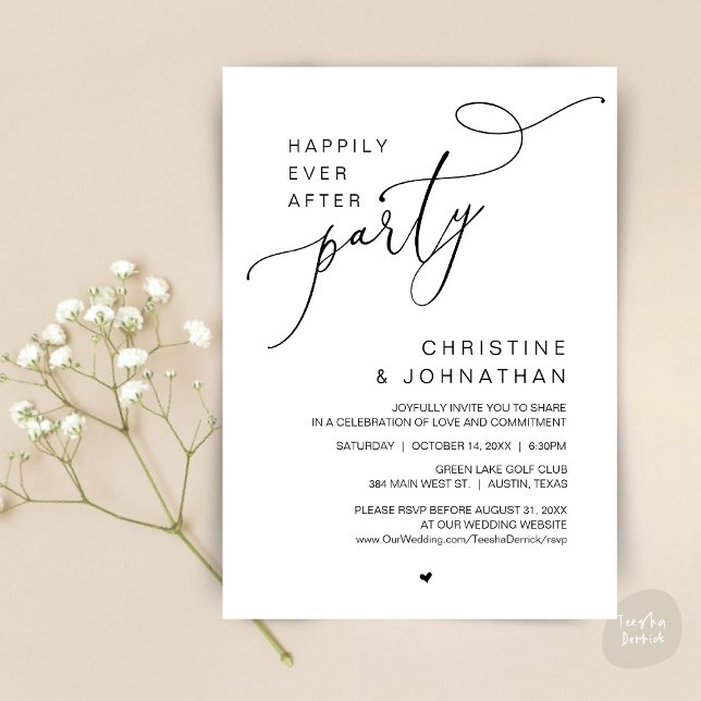 Convite Felicidade Eterna Jantar de Dança da Festa de Casa (Happily Ever After Wedding Party Romantic Dinner Dancing Invitation Card, PDF, in Black and White)