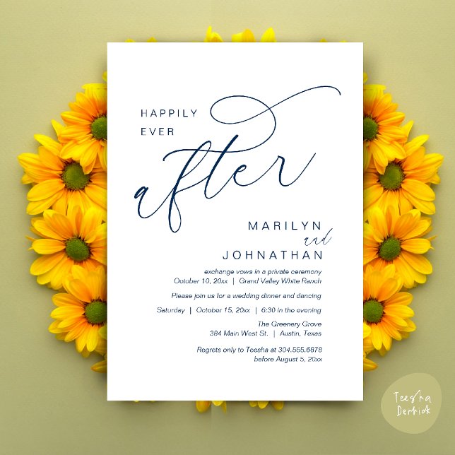 Convite Felicidade Eterna Jantar de Dança da Festa de Casa (Romantic Happily Ever After Wedding Dinner Party Lunch Brunch Invitation PDF Card Navy Blue)