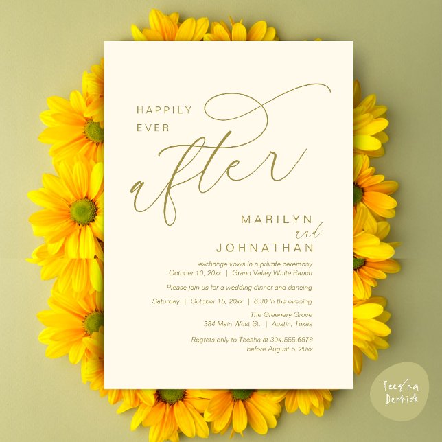 Convite Felicidade Eterna Jantar de Dança da Festa de Casa (Romantic Happily Ever After Wedding Dinner Party Lunch Brunch Invitation PDF Card Yellow Gold)
