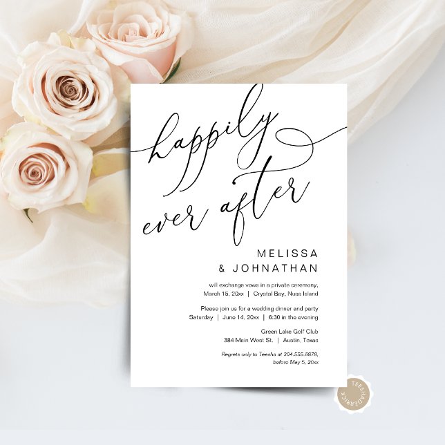 Convite Felicidade Eterna, Jantar de Fuga de Noiva (Happily Ever After, RomanticPost Wedding Elopement Brunch, Dinner, Party Celebration Invitation Card)