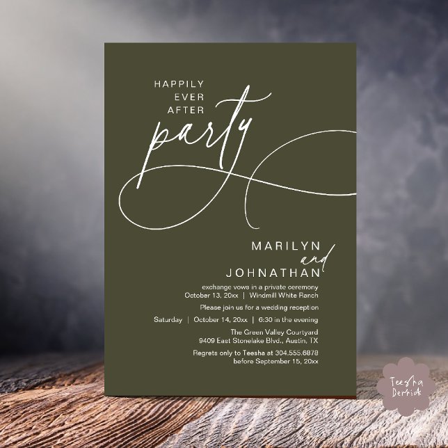 Convite Felicidade Eterna Jantar de Noiva Moderno e Elegan (Happily Ever After Modern Elegant Romantic Wedding Reception Dinner Invitation Card in Olive Green)