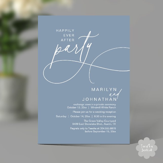 Convite Felicidade Eterna Jantar de Noiva Moderno e Elegan (Happily Ever After Modern Elegant Romantic Wedding Reception Dinner Invitation Card in Dusty Blue)