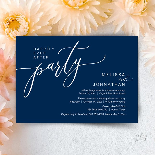 Convite Felicidade Eterna Jantar de Noivado e Fuga para o  (Happily Ever After Wedding Elopement Dinner Party Invitation card, in Navy blue)