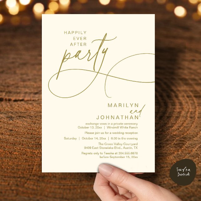 Convite Felicidade Eterna Jantar de Noivado Moderno e Eleg (Happily Ever After Modern Elegant Romantic Wedding Reception Dinner Invitation Card in Yellow Gold)