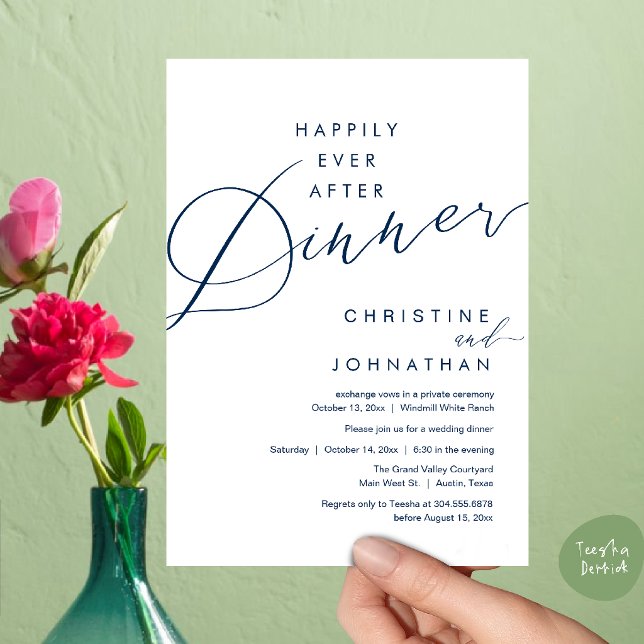 Convite Felicidade Eterna Jantar Romântico Elegante Casame (Happily Ever After Dinner Romantic Elegant Wedding Invitation Card in Navy Blue)