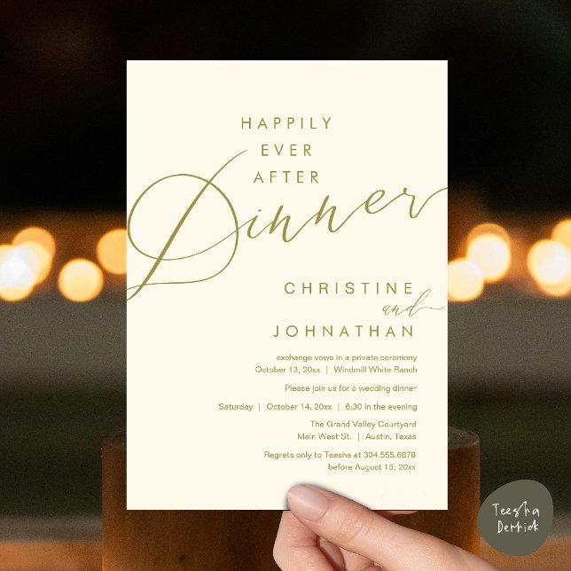 Convite Felicidade Eterna Jantar Romântico Elegante Casame (Happily Ever After Dinner Romantic Elegant Wedding Invitation Card in Yellow Gold Cream)