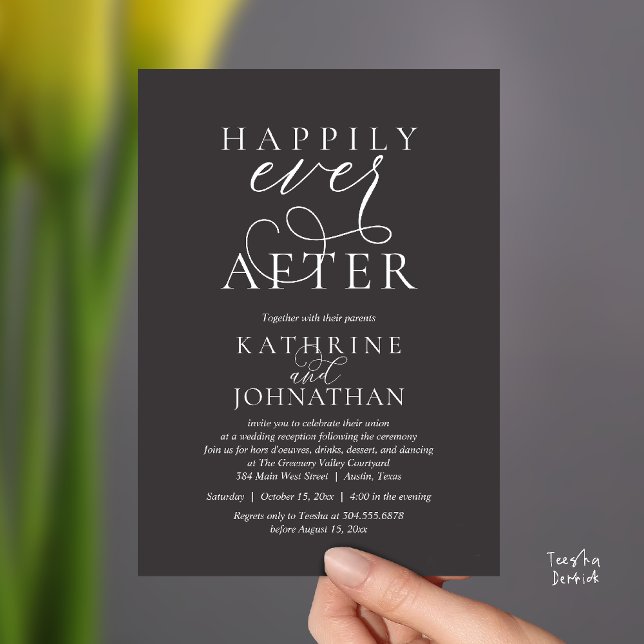 Convite Felicidade Eterna, Recepção de Casamento Moderna (Happily Ever After, Modern Wedding Reception hors d'oeuvres Drinks Dancing Invites Card Charcoal)