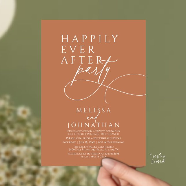 Convite Felicidade Para Sempre Festa de Casamento Moderna  (Happily Ever After Modern Elegant Wedding Reception Party Invitation Card in copper terracotta)