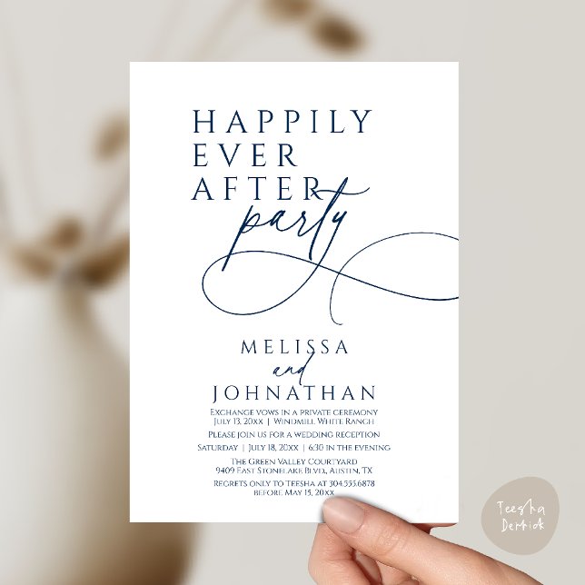Convite Felicidade Para Sempre Festa de Casamento Moderna  (Happily Ever After Modern Elegant Wedding Reception Party Invitation Card in Navy Blue)
