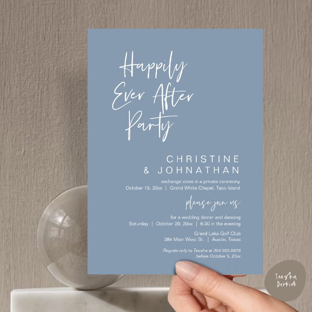 Convite Felicidade Para Sempre, Jantar de Noiva Moderno (Wedding Happily Ever After Party Dinner Brunch Elopement Invitation Card, PDF, Dusty Blue)