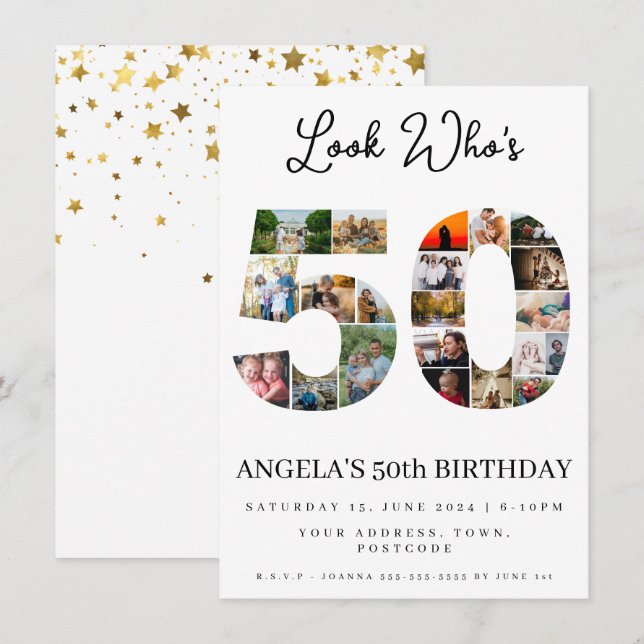 Convite feliz 50 anos Foto Colagem ouro e branco (Frente/Verso)