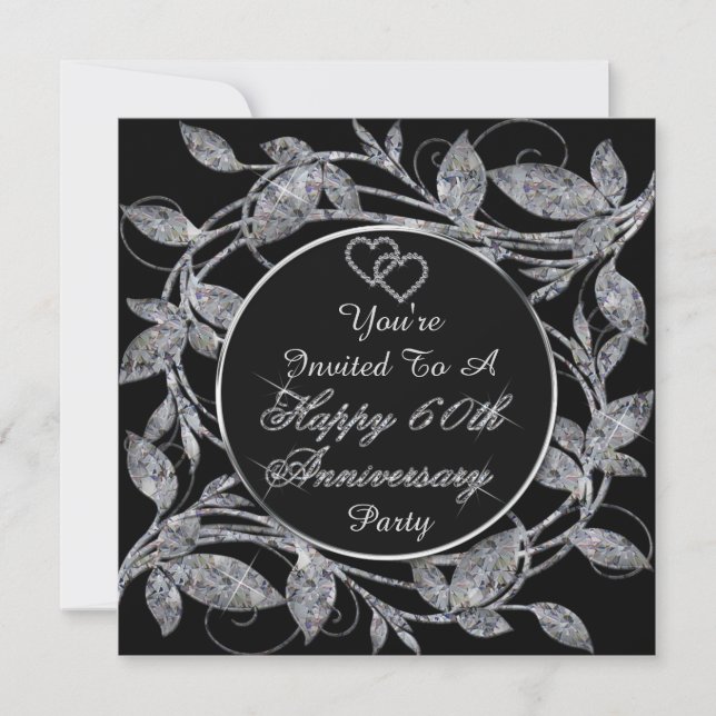 Convite Feliz 60º Aniversário Folhas de Metal Diamantado (Frente)
