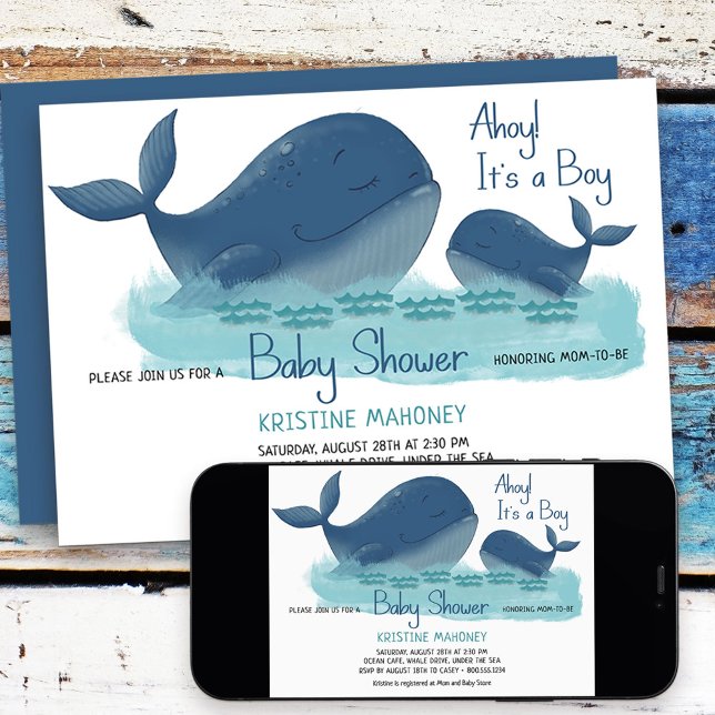 Convite Feliz Ahoy, é um Chá de fraldas de aquarela (Baby Shower Invitation from my Happy Whale collection. Message if you need different items.)