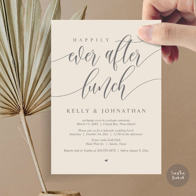 Convite Feliz Almoço de Casamento, em Cinzas de Creme (Happily Ever After Wedding Lunch Invitation Card, PDF, Modern Calligraphy, in Cream Grey)