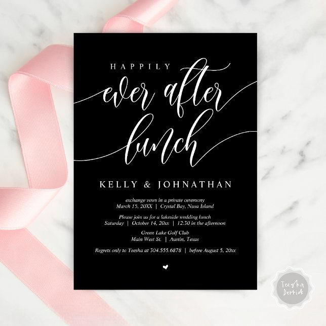 Convite Feliz Almoço do Casamento, em preto clássico (Happily Ever After Wedding Lunch Invitation Card, PDF, Modern Calligraphy, in Classy Black)