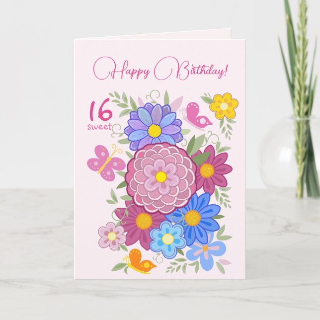 Convite Feliz aniversário! 16 Flores e Aves Doce (Frente)