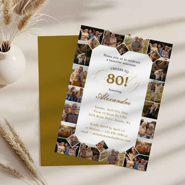 Convite Feliz Aniversário Aplaude A Colagem Fotográfica De (Happy Birthday Cheers To 80 Years Photo Collage Invitation)