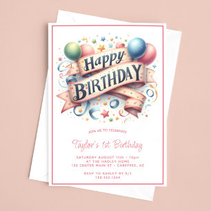 Convite Feliz Aniversário Balões Pastel 1º Aniversário