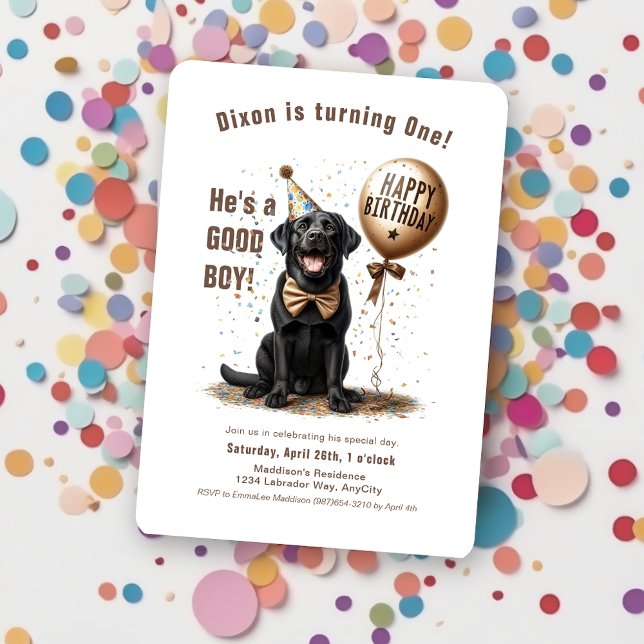 Convite Feliz aniversário Black Labrador Balloon Personali (black labrador happy birthday balloon party hat confetti invitation)
