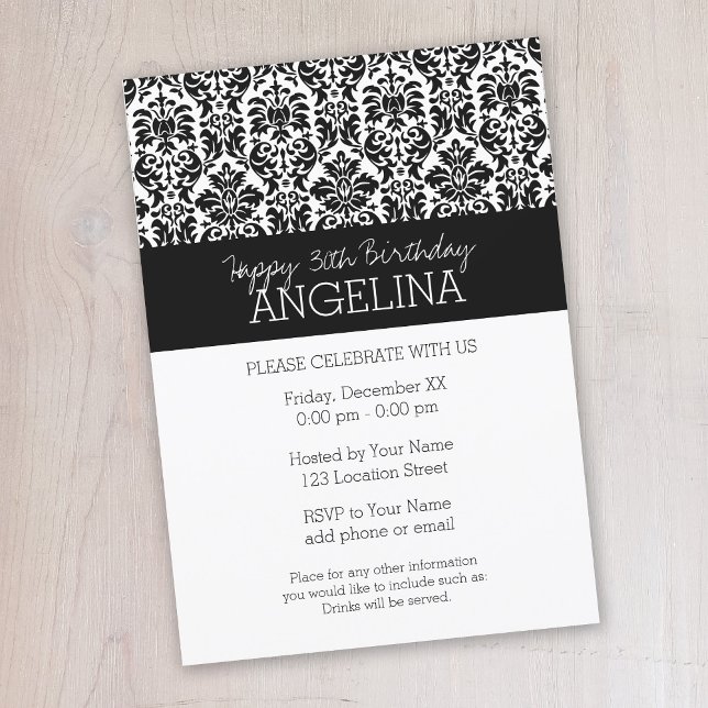 Convite Feliz aniversário com Trendy Black e White Damask (Black lace birthday party invitation - instant download available)