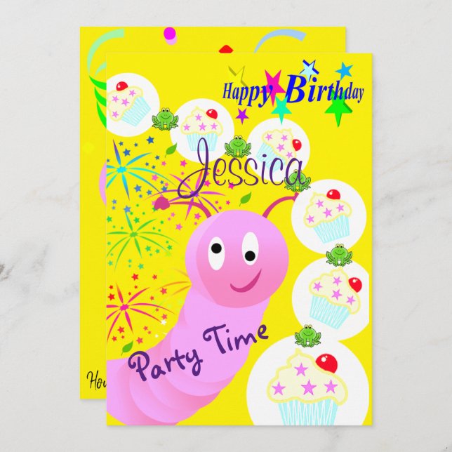 Convite Feliz Aniversário Convidar Cupcakes de Verme Rosa (Frente/Verso)