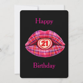 Convite Feliz Aniversário de 21 anos Lábios com Tartan Esc